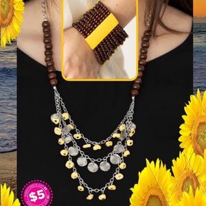 Yellow and brown necklace with earrings and added on bracelet.